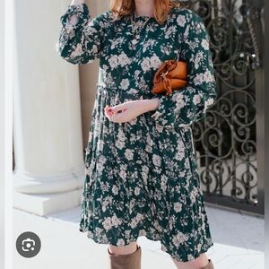 KNOX‎ ROSE size Small Floral Long Sleeve Boho Tiered Dress Rayon Green